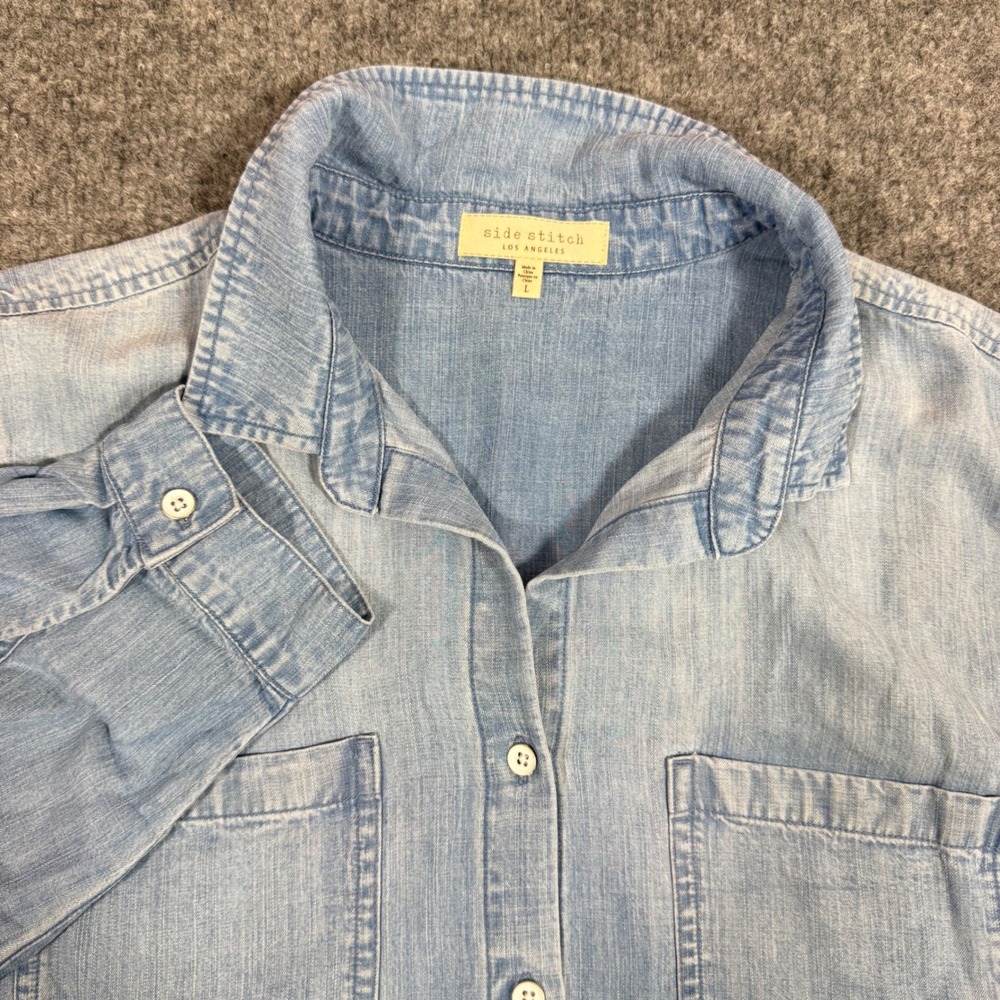 Side Stitch Button Down Chambray Shirt Roll Tab Women Large Blue Lyocell EUC